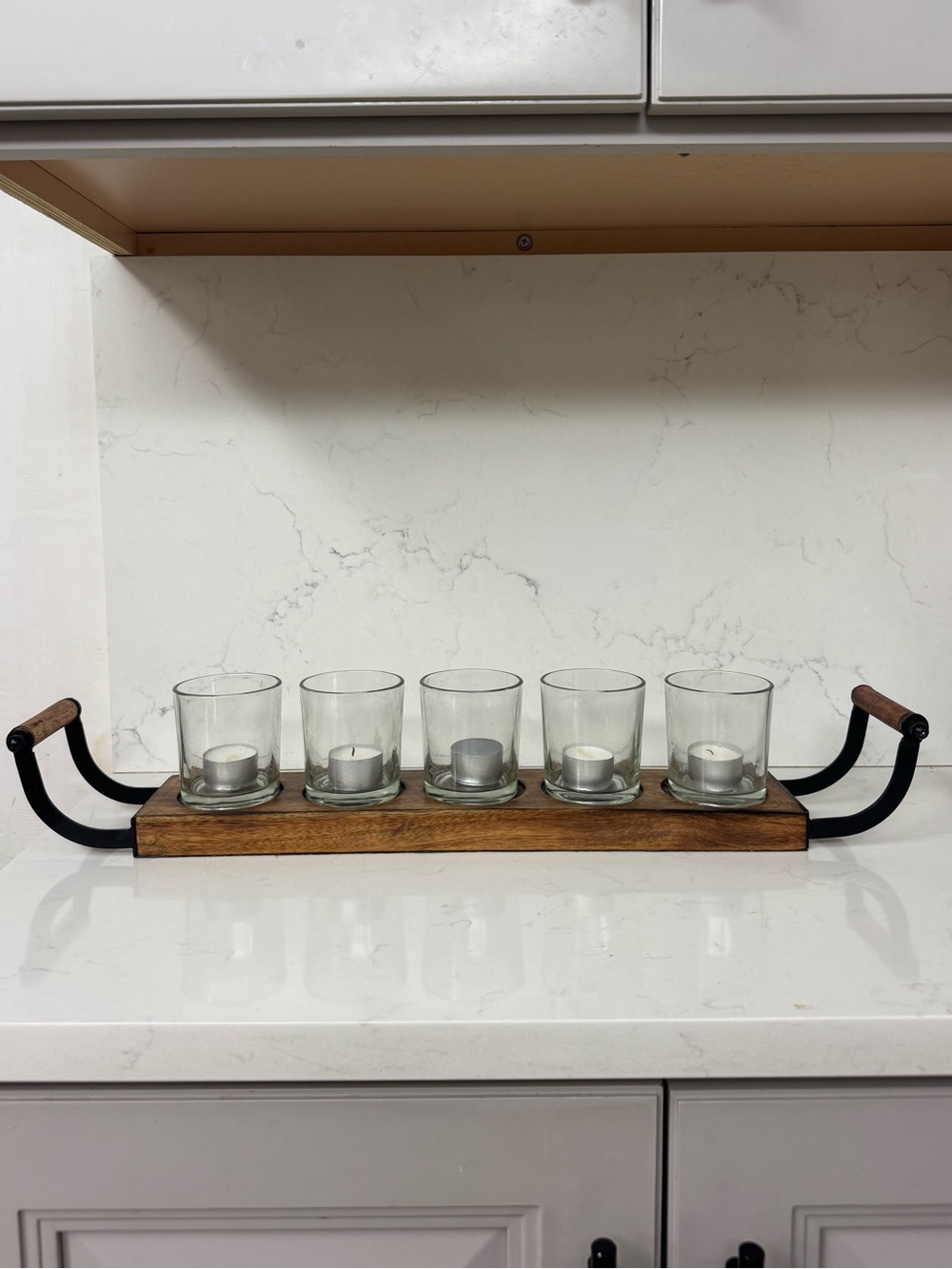 Wood Tray Tea Light Candle Holder Set with Clear Glass Votives - Clear